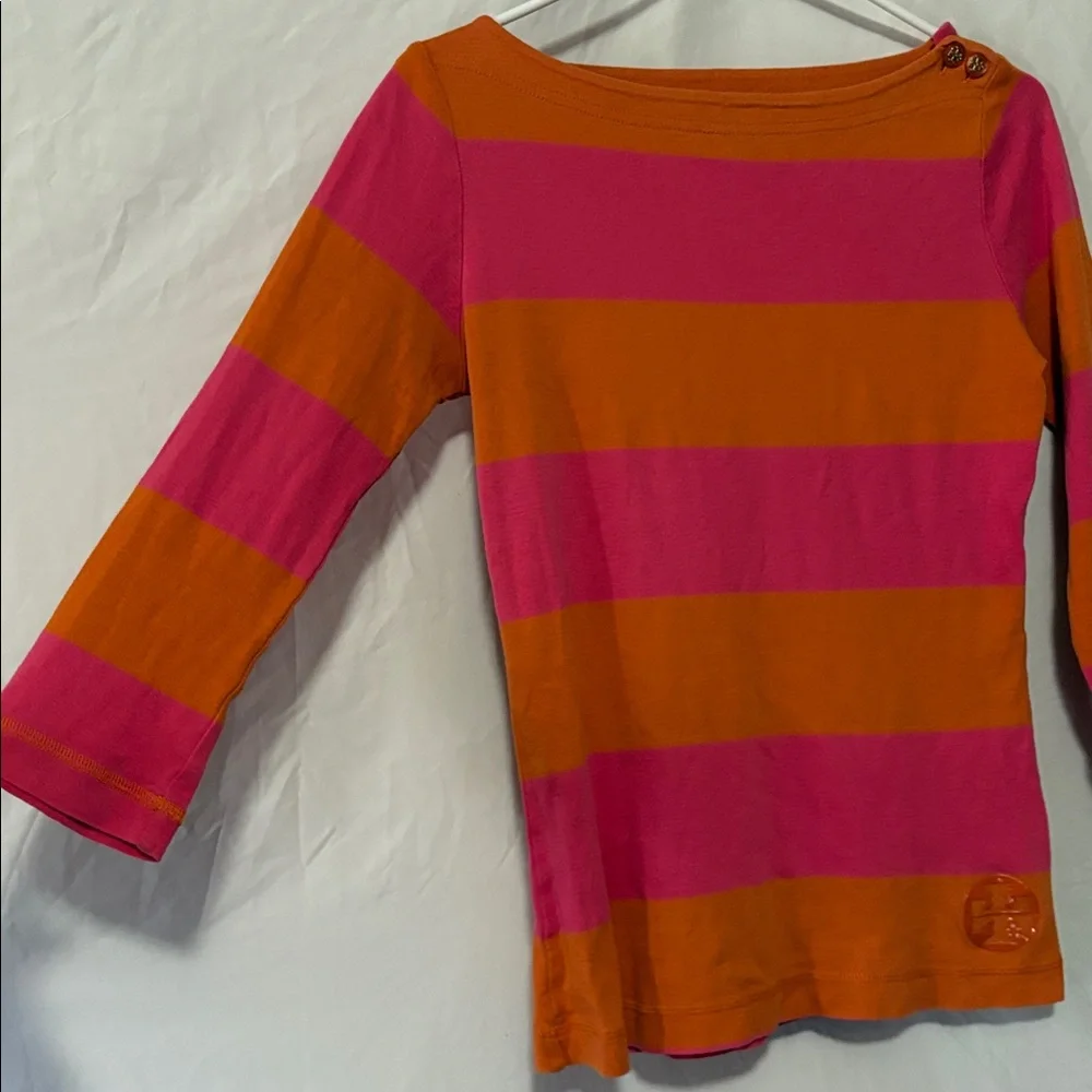 Tory Burch Wide Striped Pima Cotton Boatneck Top in Orange and Pink